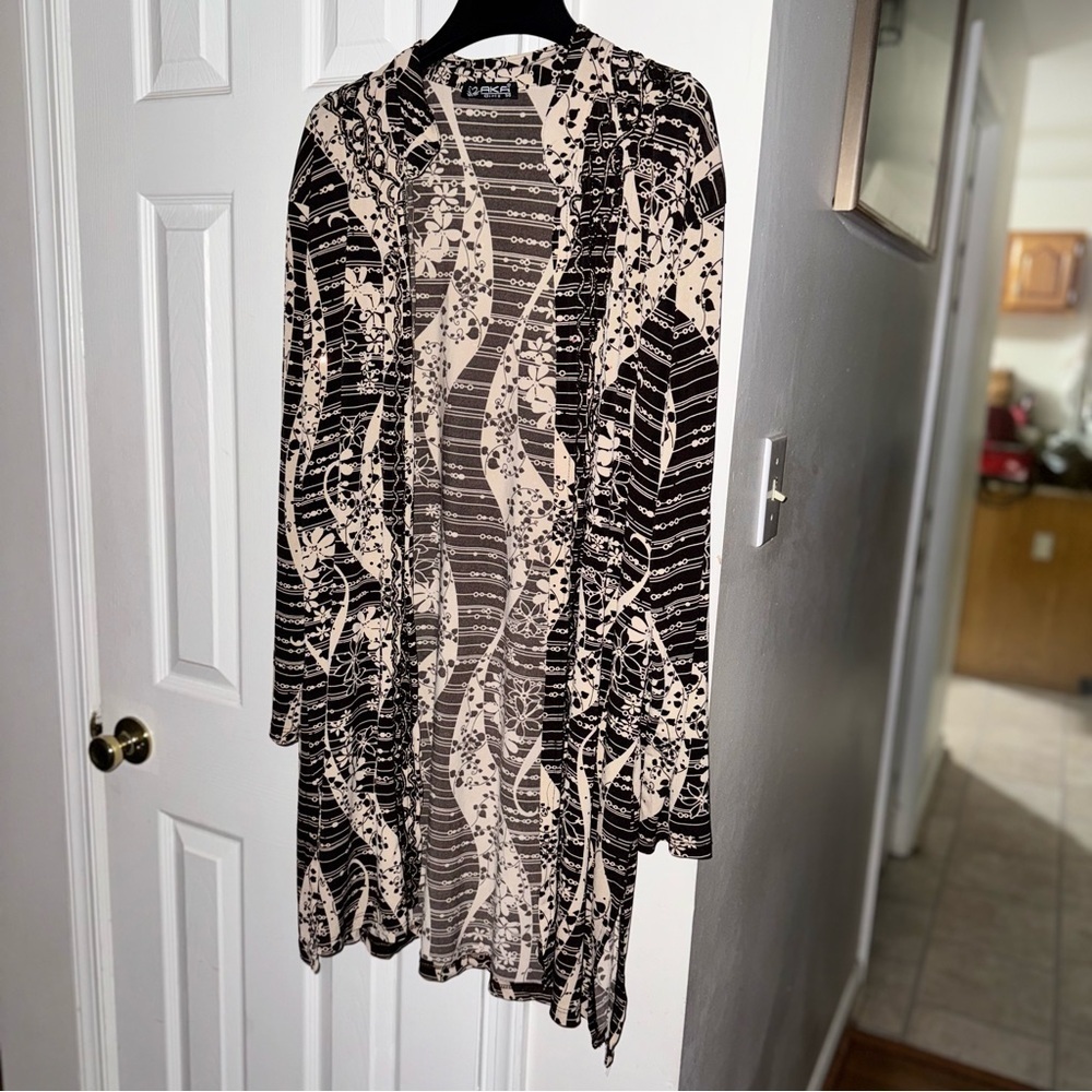 AKA Women's Duster Cardigan Sheer Brown Beige Abstract Floral Print Size 2XL - Picture 3 of 10